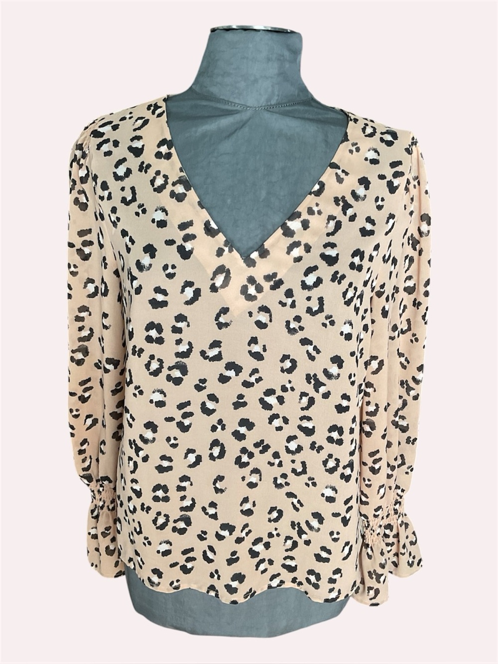 ´A New Day’ Semi-Sheer Leopard Print V-Neck Blouse in Tan and Black, Size M